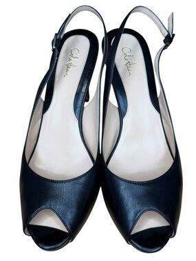Cole Haan Black Leather Slingback Peep Toe Heels Pumps Size 11B Career Classic
